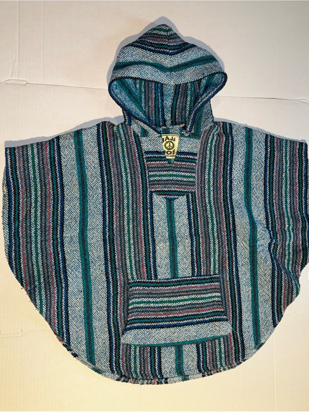 Baja Style Teal Striped Hooded Crewneck Poncho Sweater